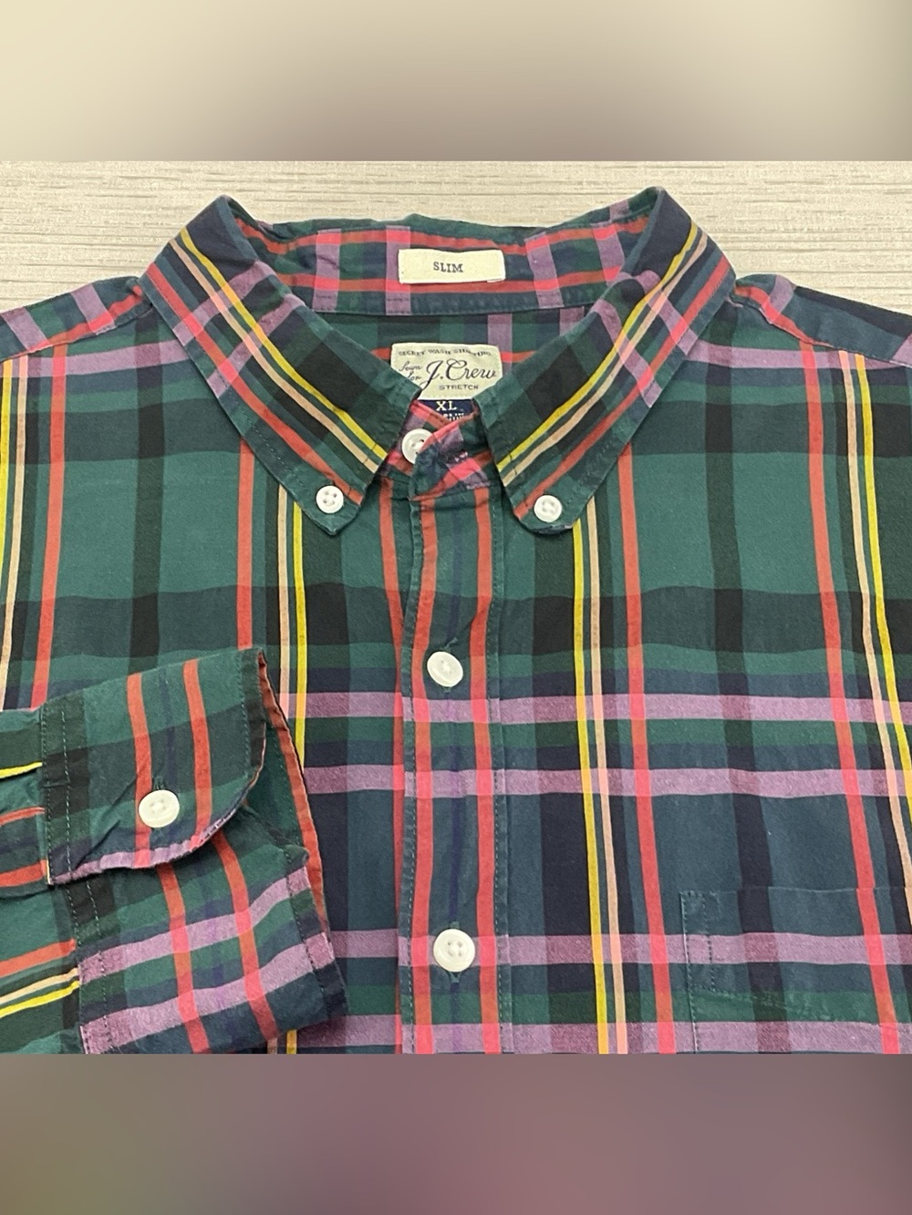 J. Crew Green Multi-Color Plaid Button-Down Shirt Slim Secret Wash Mens XL